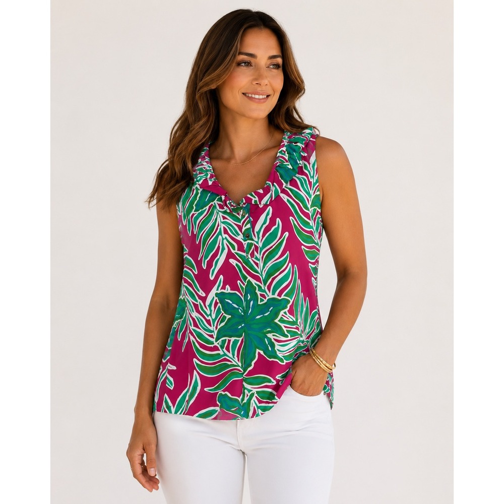 Southern Frock Pink Green Tropical Palm Print Ruffle Neck Sleeveless Blouse S